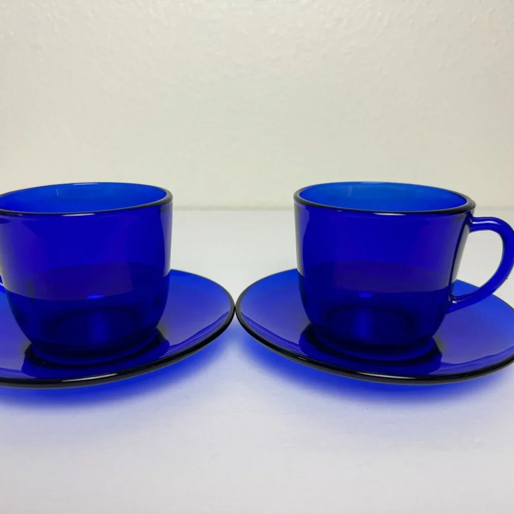 Set of 2 Vintage Cobalt Blue Cup and saucer Glass